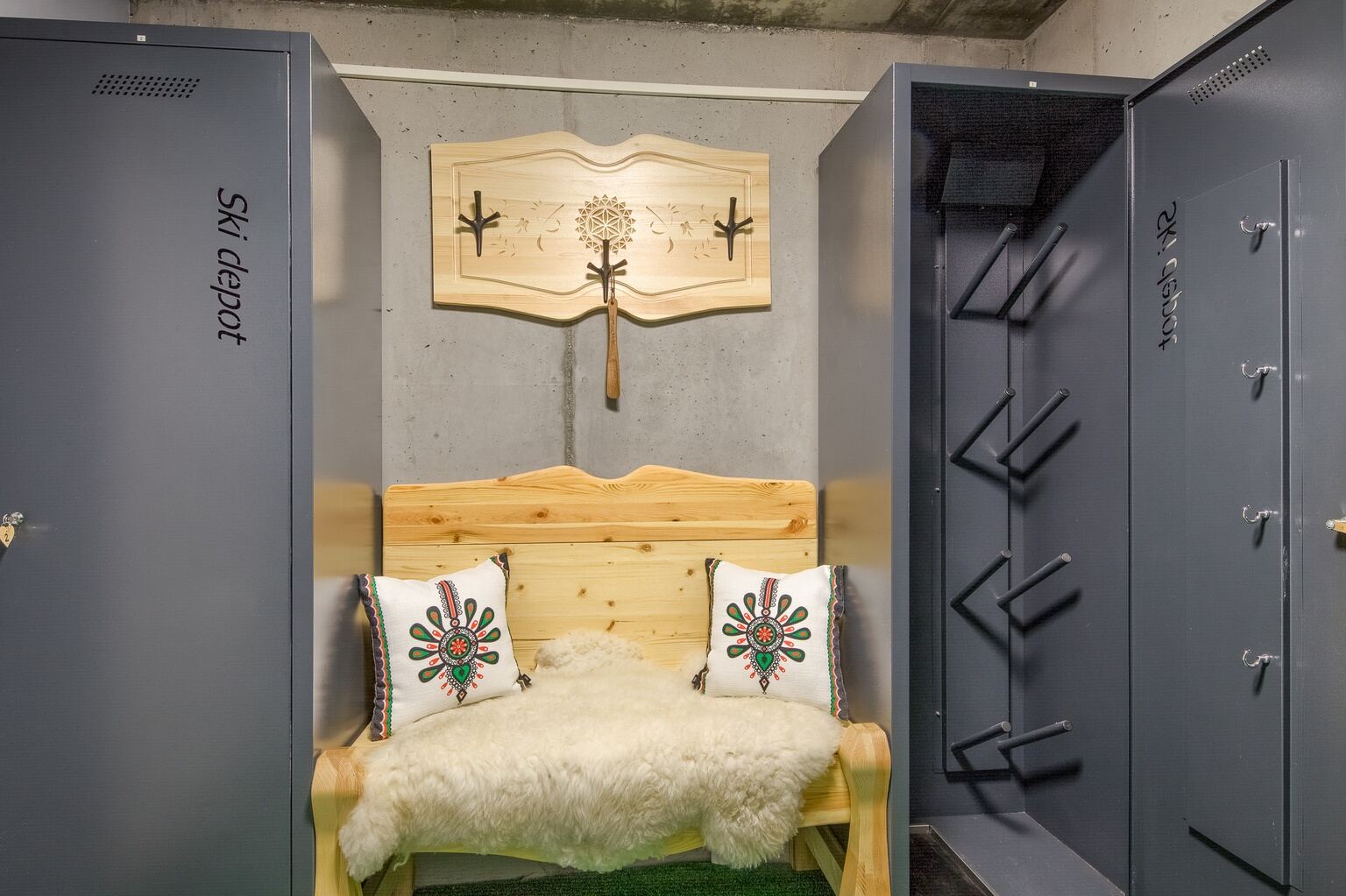 Ski storage with a locker and a bench